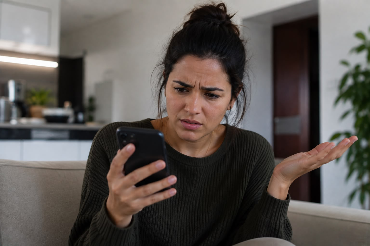 Tutora com expressão de dúvida genuína olhando o celular