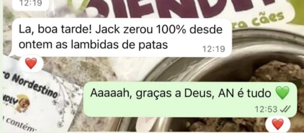 Print de depoimento: cão Jack zerou as lambidas de patas desde que começou a Alimentação Natural