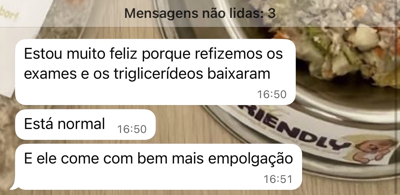 Print de depoimento: exames refeitos mostrando triglicerídeos baixados após a Alimentação Natural