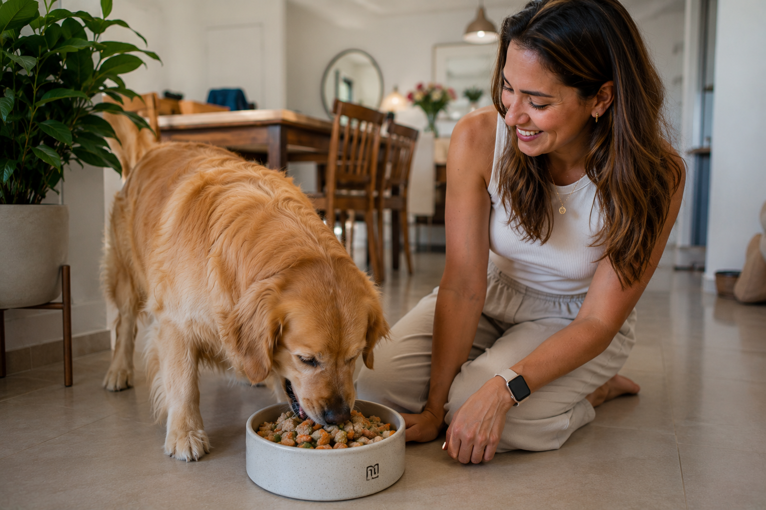 Tutora sorrindo enquanto seu cão come Alimentação Natural em casa
